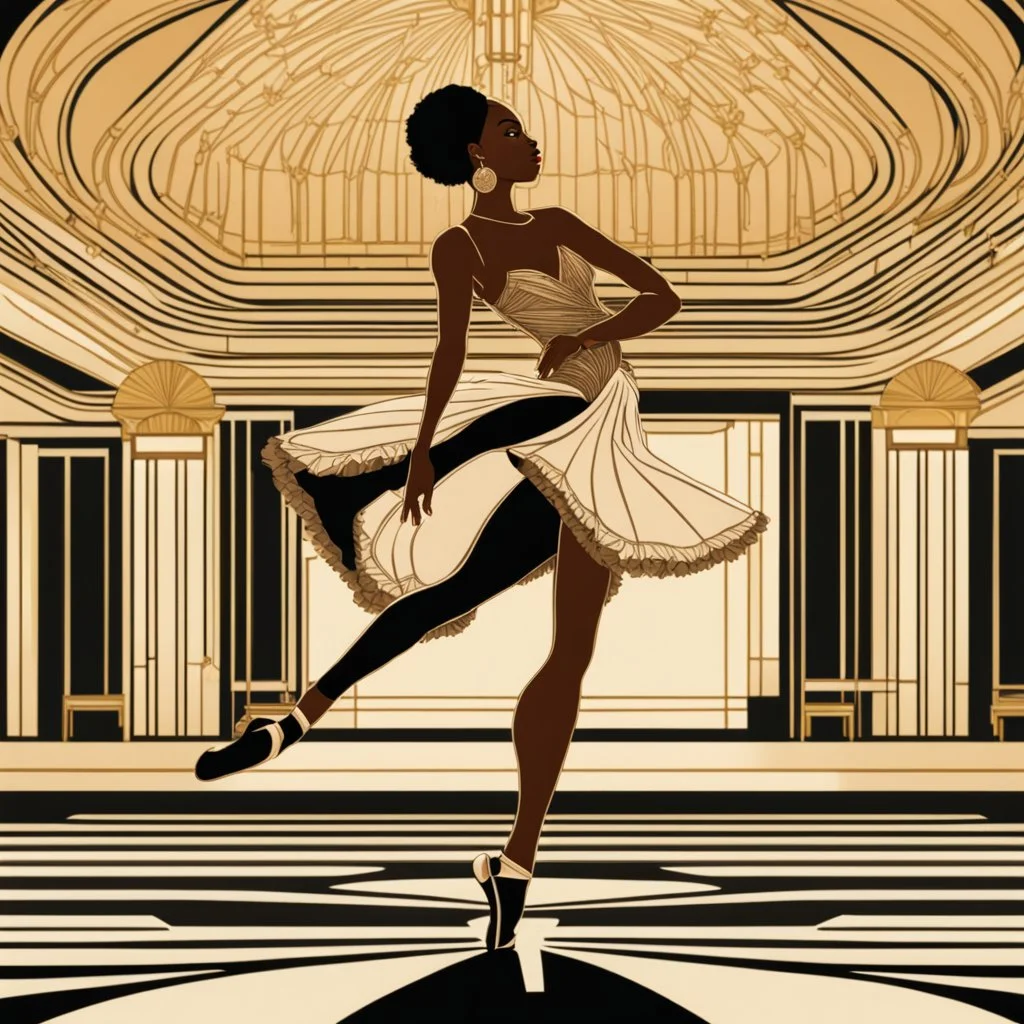 a black ballerina in an Art Deco ballroom, by artist "Ingrid Umber",by artist "Sienna Lamberts"