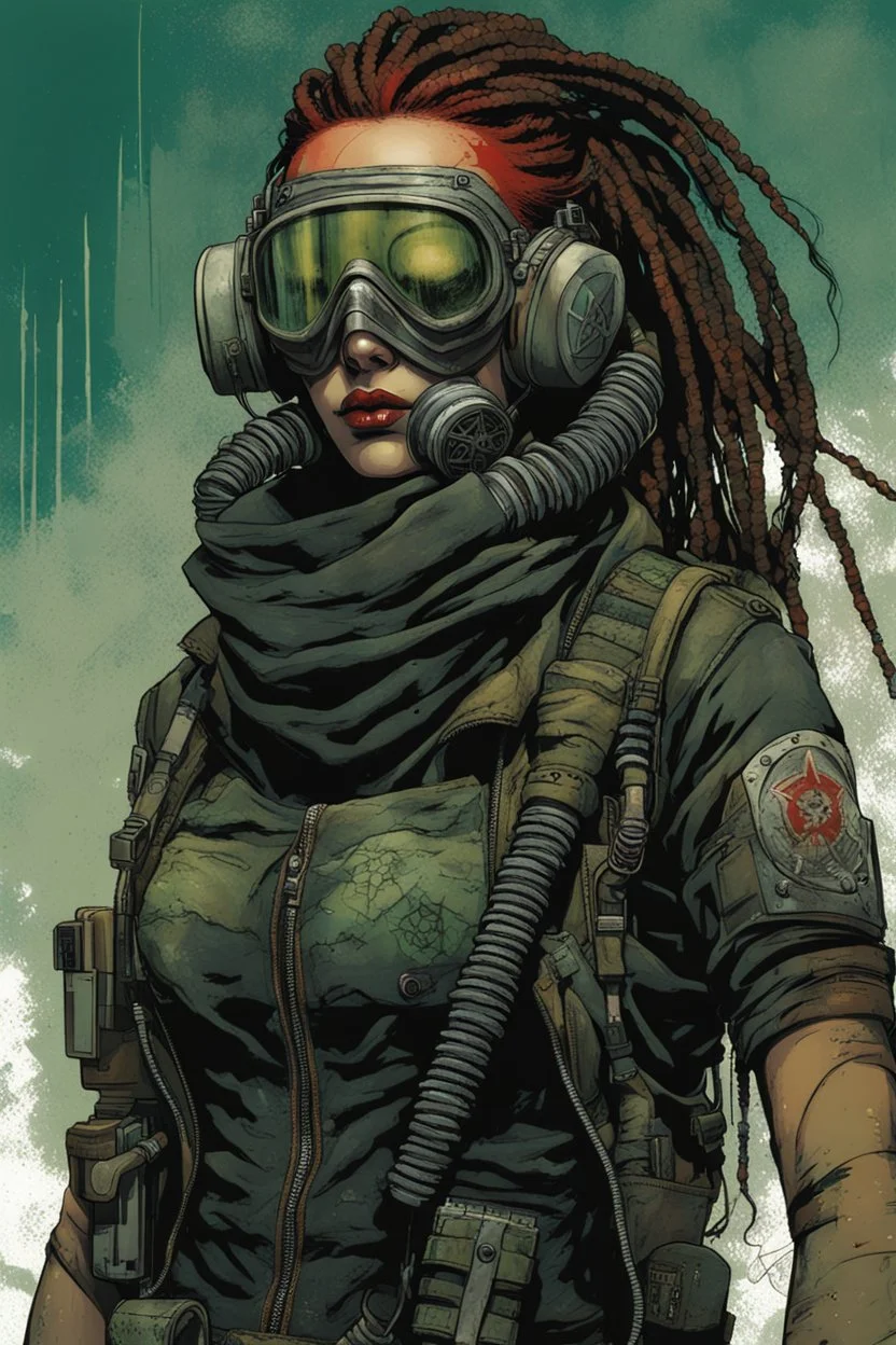 front facing full length portrait illustration of a grunge armored female with beaded dreadlock hair cyberpunk vampire mercenary with gas mask, telecommunications headset, and shemagh, highly detailed with gritty post apocalyptic textures, toxic irradiated landscape, finely detailed facial features and hair, in the graphic novel style of Bill Sienkiewicz,