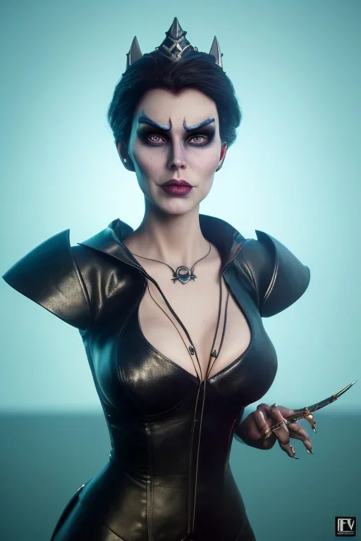 Lene Nystrøm as evil queen in black leather, busty, cleavage, voluptuous, Aqua Lene, angry, stern look. character design by cory loftis, fenghua zhong, ryohei hase, ismail inceoglu and ruan jia. unreal engine 5, artistic lighting, highly detailed, photorealistic, fantasy