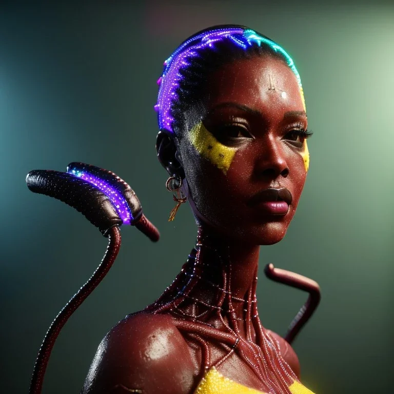 pretty jamaica cyber woman, cold ambient, latex, cables, purpurin, blood, black, gold, piercings, brown, decorative color feathers, circuits, neon style, a lot of led lights, fog, rain, vibrant color, highly detailed, art stations, concept art, smooth, unreal engine 5, god rays, ray tracing, RTX, lumen lighting, ultra detail, volumetric lighting, 3d, finely drawn, high definition, high resolution.