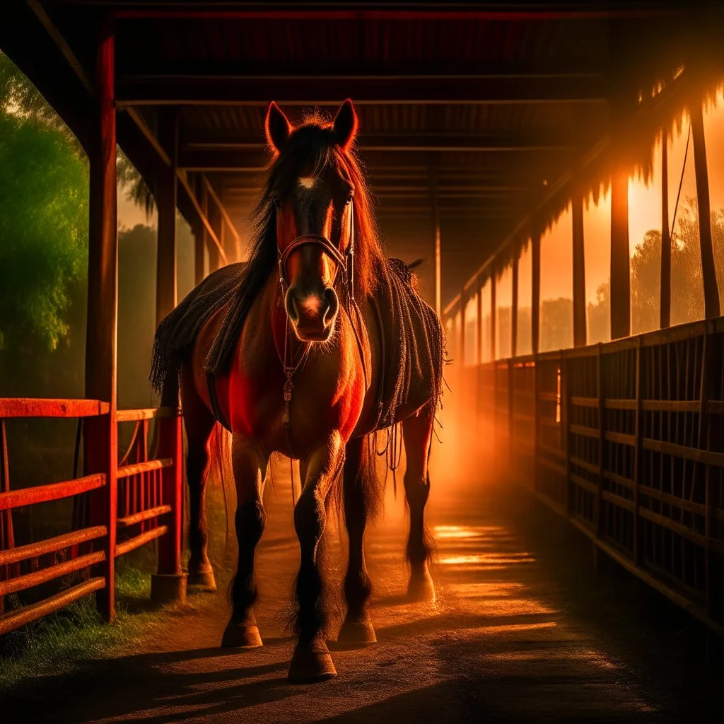 horse pulling wagon on burning bridge, motion blur, 8k, downlight, soft light, depth of field, photorealism, trending on art station, lotsa detail