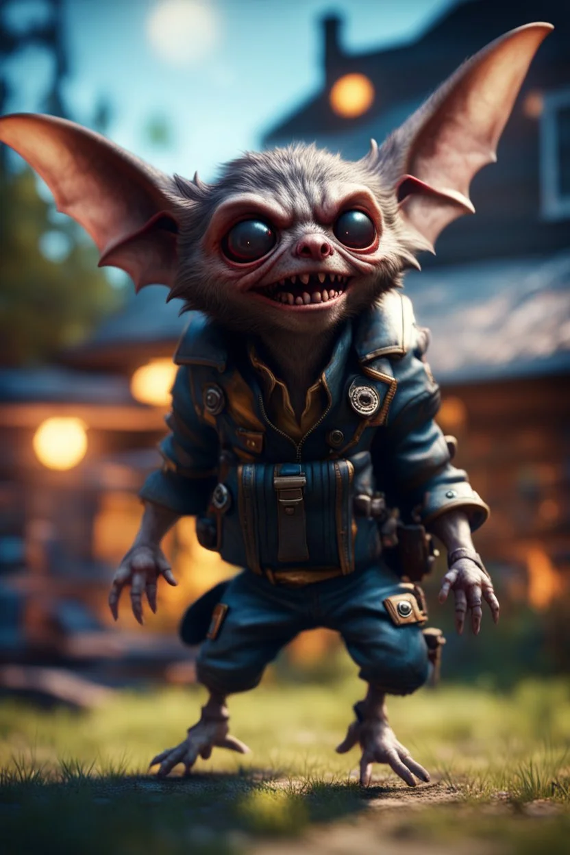 vampire bat gremlin scout pimp hippie, hovering with glowing jets from rocket backpack in the backyard, in the style of a fallout 4,bokeh like f/0.8, tilt-shift lens 8k, high detail, smooth render, down-light, unreal engine, prize winning