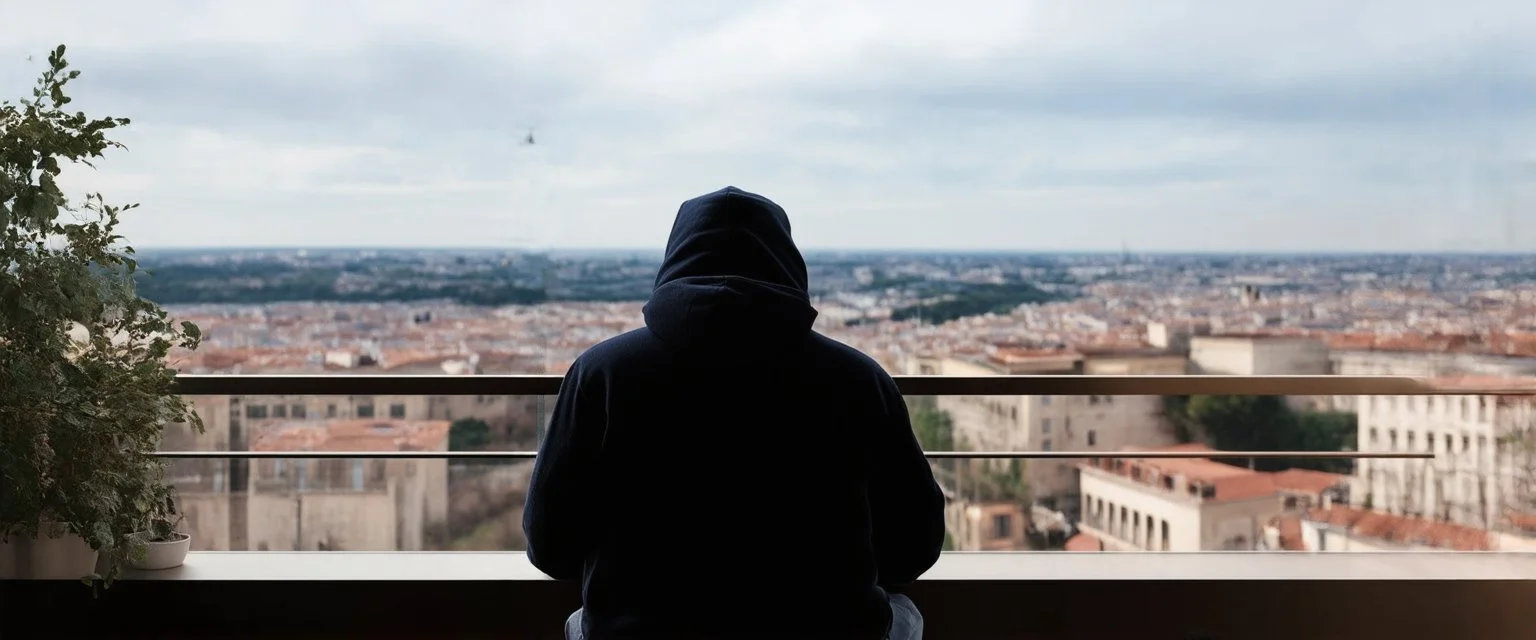 man in a hoodie watching the city from the balcony by Caravaggio