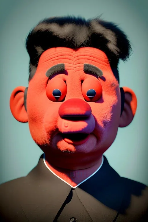 Waist up muppet Portrait, Kim Jong-un muppet doll, black suit, photo studio, red background, unreal engine 5, concept art, art station, god lights, ray tracing, RTX, lumen lighting, ultra detail, volumetric lighting, 3d.