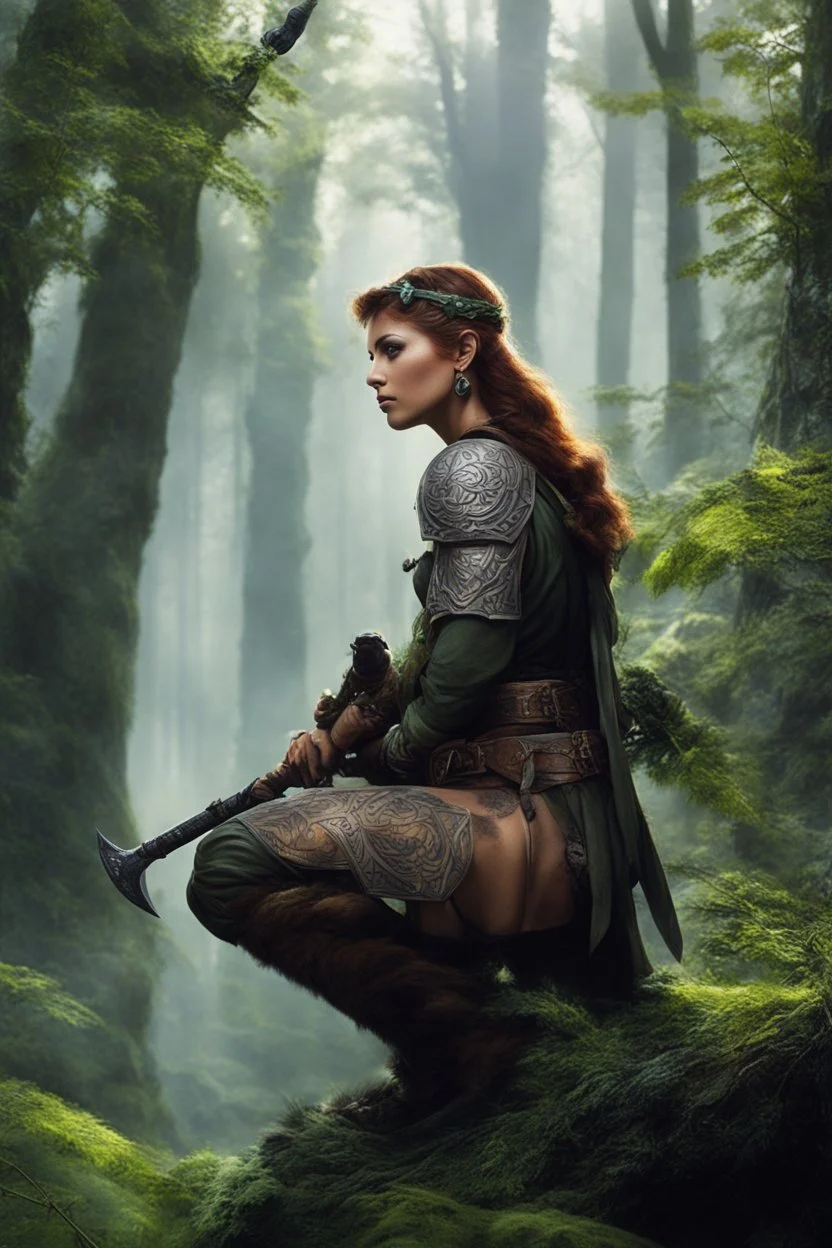 [Endor, tattooed woman warrior, battleaxe] Afrey kneels watchful upon her chosen branch high above the city. Soft glows through the leaves below speak of hearths lit and eyelids growing heavy as the Ewoks within ready themselves for sleep. But she will keep her mantle of guardian a while longer yet. With subtle shifts and flickers, the tattoos adorning her frame seem to writhe in the dimness like nothing so much as the vines and branches around her. Great serpents and ravens curl in tune to some