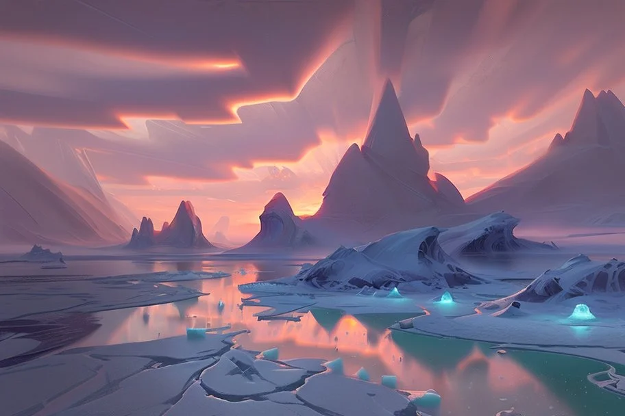 Night, ice blocks, lagoon reflection, sci-fi, epic, otto pippel painting