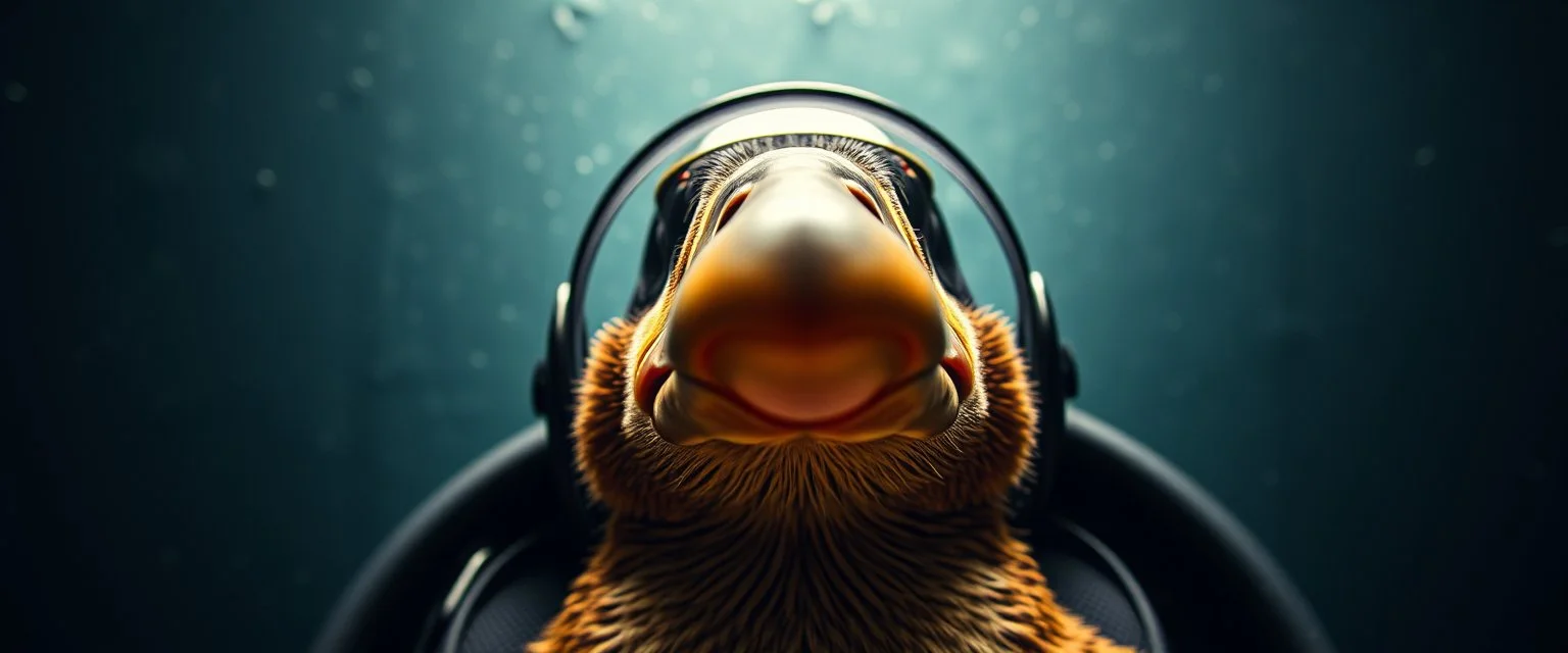 weird perspective close up portrait of platypus duck pilot looking down on cam, with background in the style of escher and giger, a chill contrapunctus fugue in the style of fsol, beethoven, goa trance breaks, dancefloor drum and bass,