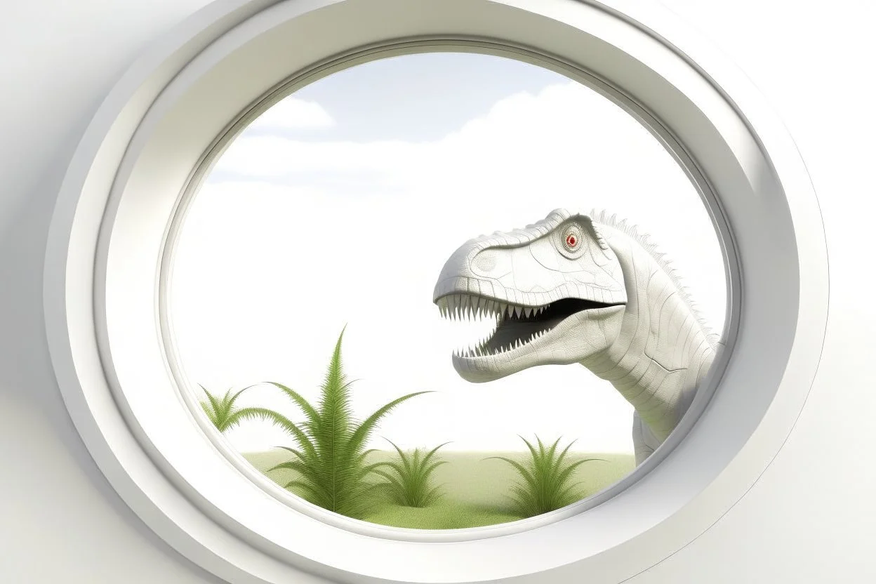 white,background,looking,through,a 3-d, hole,or,window,,a,seeing a dinosaur