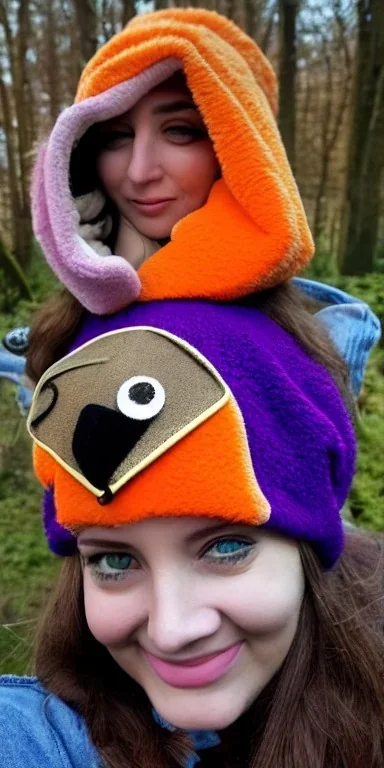 Brunette taking selfie.thick thighs,thick calves,flat belly,curvy fell. big head. Mantle is sewed of upcycled Denim and sewed together of camouflage pieces. Pieces' color are orange, cream and purple. It is with big bright purple felt tippet and birght-colored-hood is merged with colorful beanie. Big colored headphones (gold rings!) is merged with small felt cap with small visor. Style: Haute Couture in 1950's Africa, N.Y.C fashion in 2023