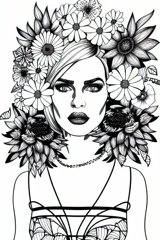 hyper detailed, black and white, thick line, coloring book illustration, lineart, stunningly beautiful woman in flowers