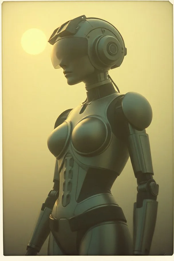 steampunk, vintage analog polaroid of a woman robot, female body, fog, lomography, heavy film grain, sun, color bleed, depth of field, bokeh, retro
