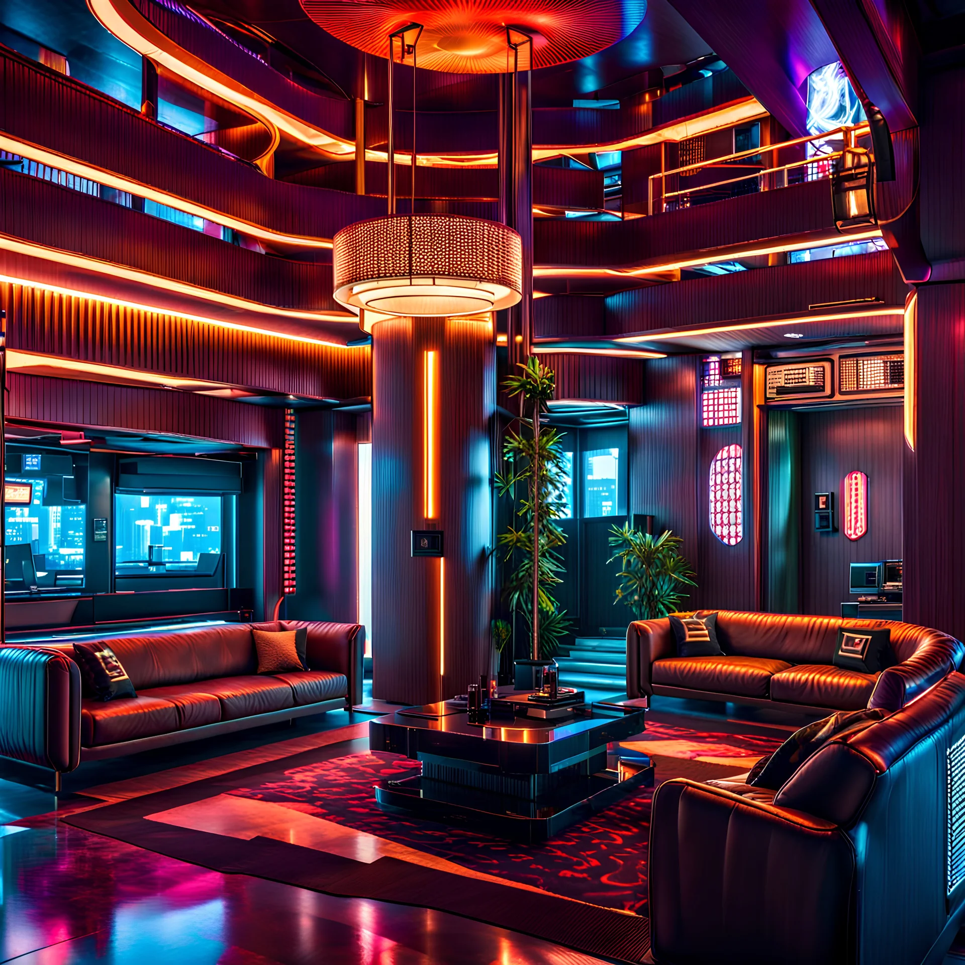 cyberpunk hotel lobby