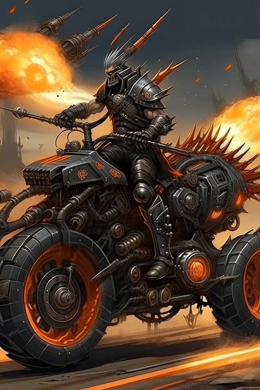 An advanced motorcycle with four wheels and a turbo jet in the back with rockets and machine guns Sauron, the lord of darkness, with the devil and his army, in the land of destruction