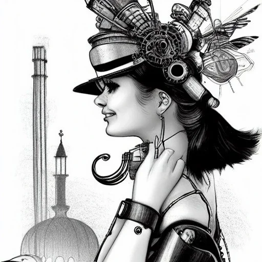 great illustrator, spanish, pencil sketch of a cute girl, beautiful, steampunk syle, black and white. Helmet with tubes. glasses, venetian carnival. Machinery in the background. robotic birds flying. High details.