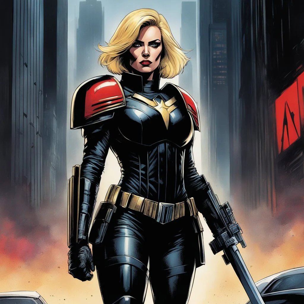 [Dredd art by Carlos Ezquerra] stands a figure unlike any other - Judge Brienne, a towering woman with a gaze as sharp as her blade. Clad in the iconic uniform of the Judges designed by agent provocateur, she patrolled the streets with unwavering determination, her presence commanding respect and fear in equal measure. The citizens of Mega-City One whispered tales of her exploits, of how she single-handedly took down the most dangerous criminals with a skill and grace that seemed almost otherwor