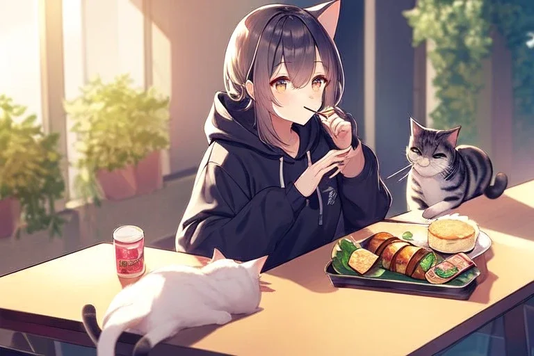 A cat with a hoodie is sitting at a table eating sushi. Perfect iris. Paws