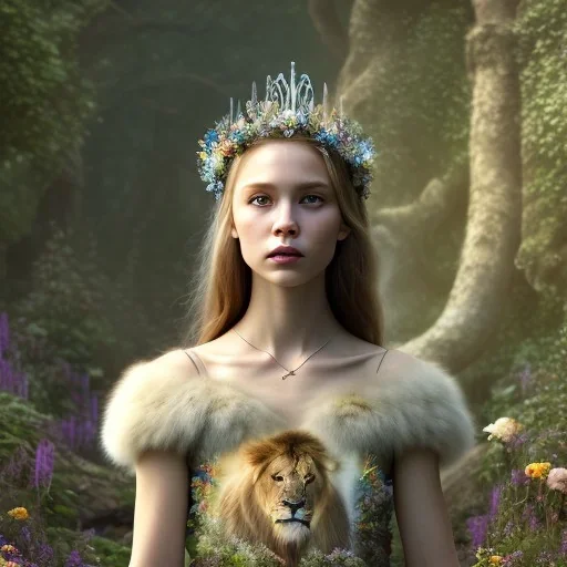 Young beautiful girl with a majestic, stunning lion on nature forest path, floral crown on girl, Chronicles of Narnia, 8k resolution, high-quality, fine-detail, iridescent, intricate, digital art, detailed matte, volumetric lighting, beautiful, illustration, 3D octane render, brian froud, howard lyon, selina french, anna dittmann, annie stokes, lisa parker, greg rutowski,