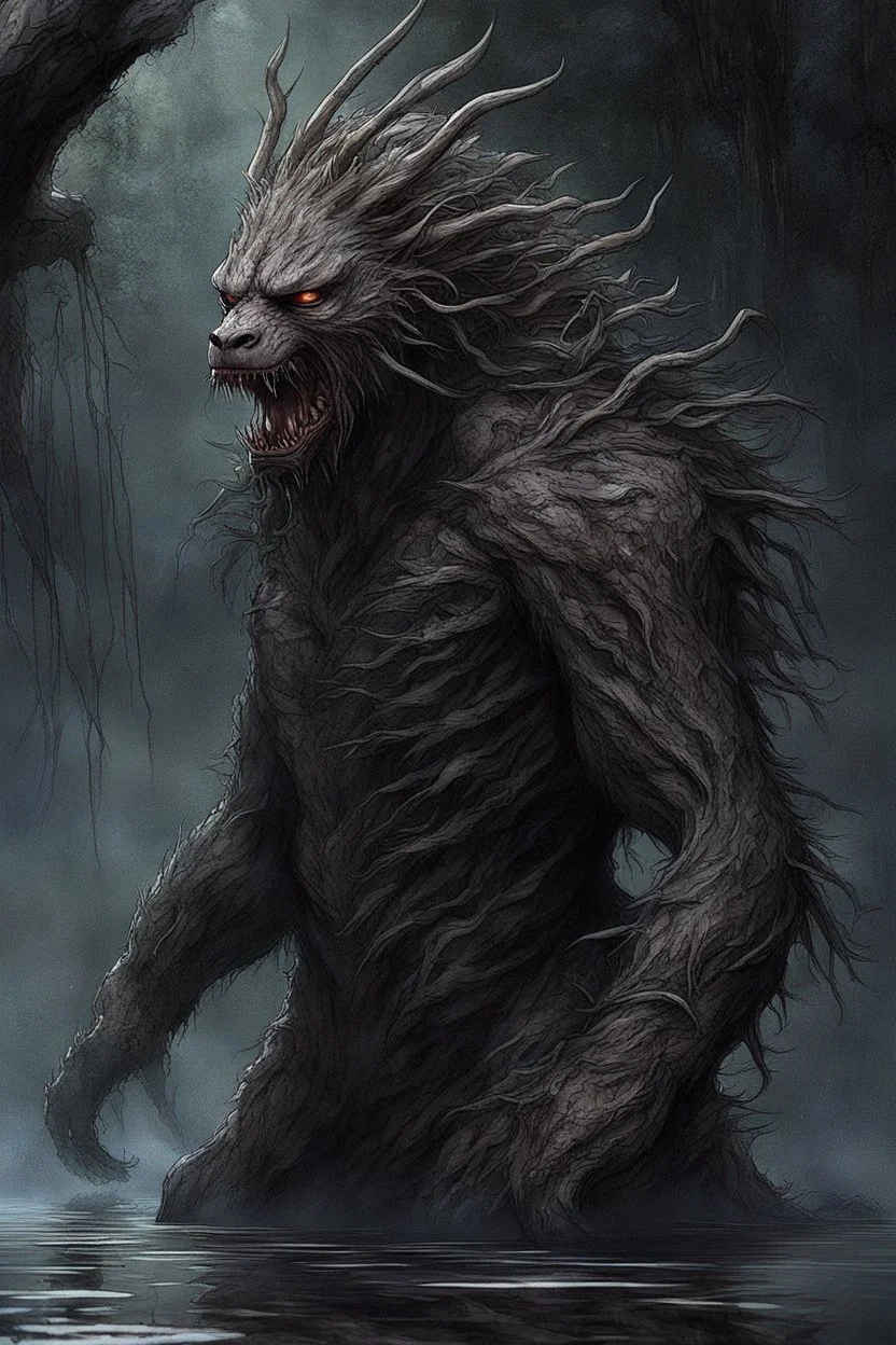 As he headed toward the noise, the shrieking grew louder until it escalated into an unearthly screech that made the hairs on his neck stand up. Breaking into a clearing, he froze at the sight before him. A bizarre creature resembling a misshapen humanoid was leaning over the water, its leathery limbs ending in claws that sliced through the air. When its face turned toward Alex, slitted yellow eyes met his with unbridled malice. It let out an earsplitting shriek and charged. Alex turned to run bu