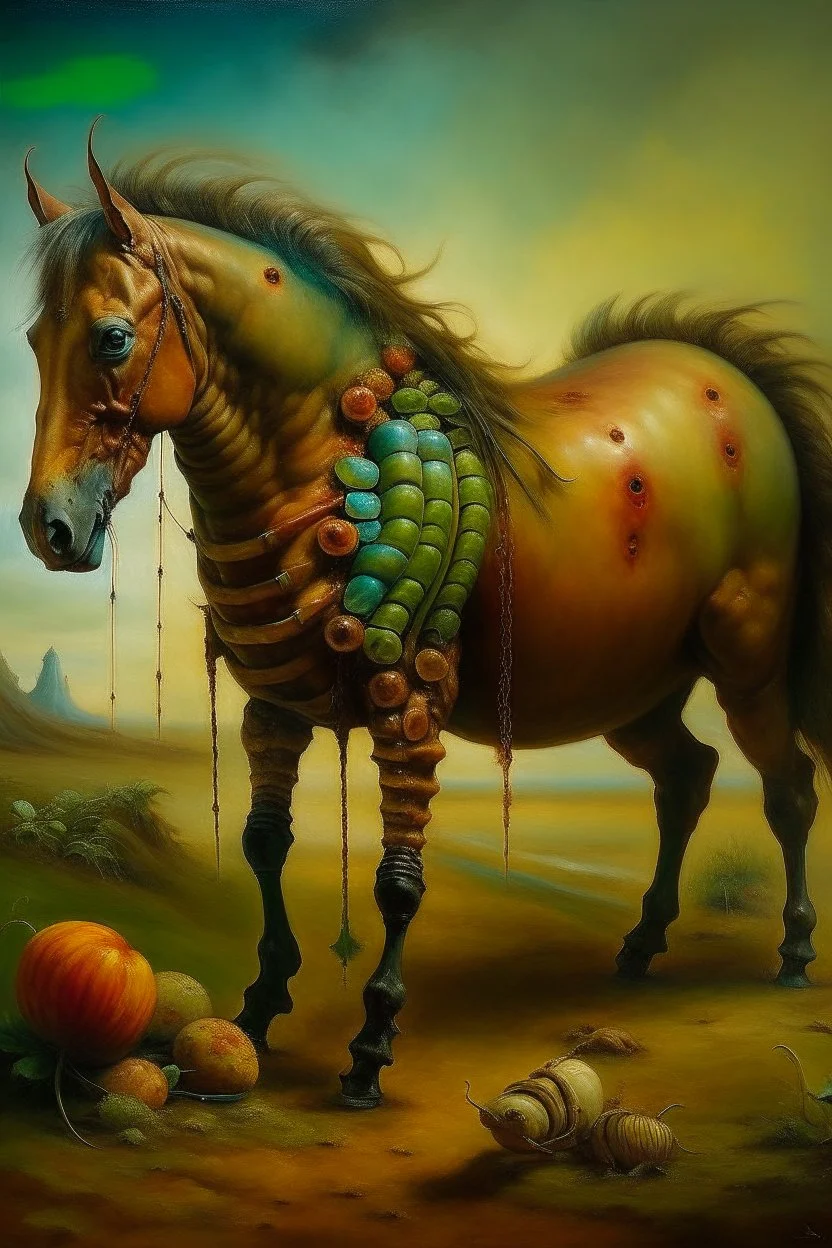 horse with many legs like caterpillar,prize winning oil painting,book cover illustration