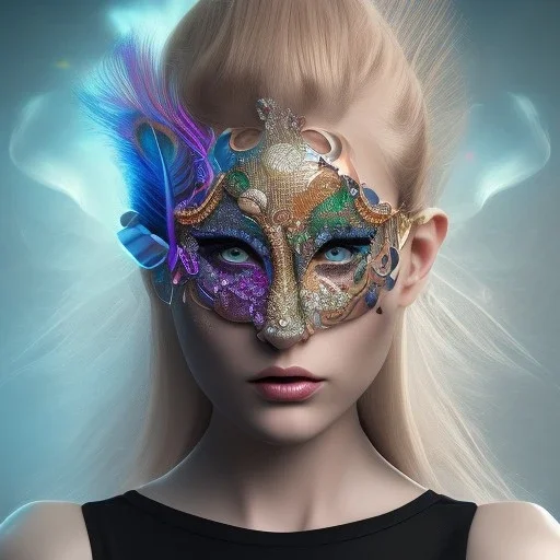 Mystery peacock feather face mask, dramatique, art background, dramatic lighting, volumetric lighting, hyperrealisme, 8k, high quality, lot of details, fit within portrait