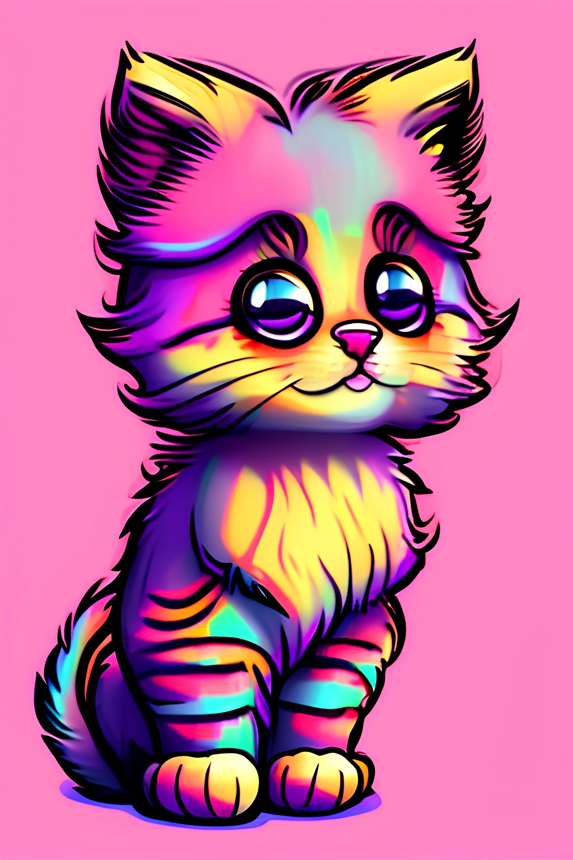 digital illustration of an Adorable, tiny, fluffy, playful kitten, cartoon style, using bright and pastel colors