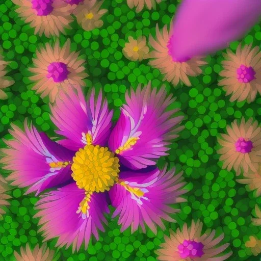 microphotography top-down view of a colorful single complex flower, high definition, detail, HD, 8k, realistic, 3d rendering, blender, photography, fisheye, bulge, tilt shift blur, microbiology