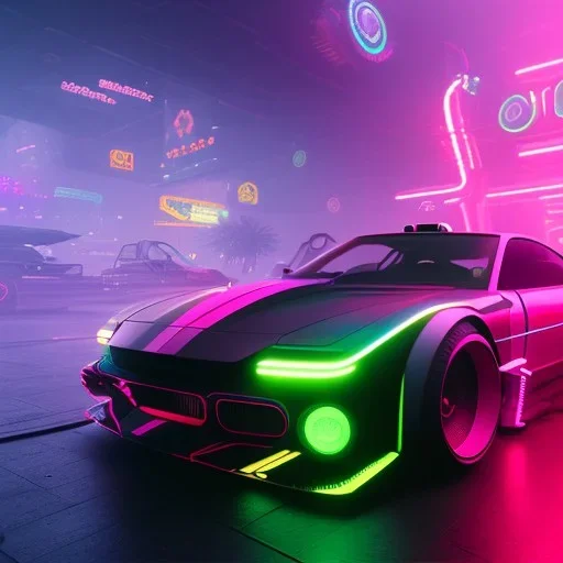 cyberpunk hyper car,cyberpunk 2077,center composition, ultra realistic,shiny, smooth, studio quality, octane render, Surrealism, Triadic colour scheme,glow-stick, ambient lighting,nightclub lighting, polaroid, 100mm, --ar 1:1 --v4