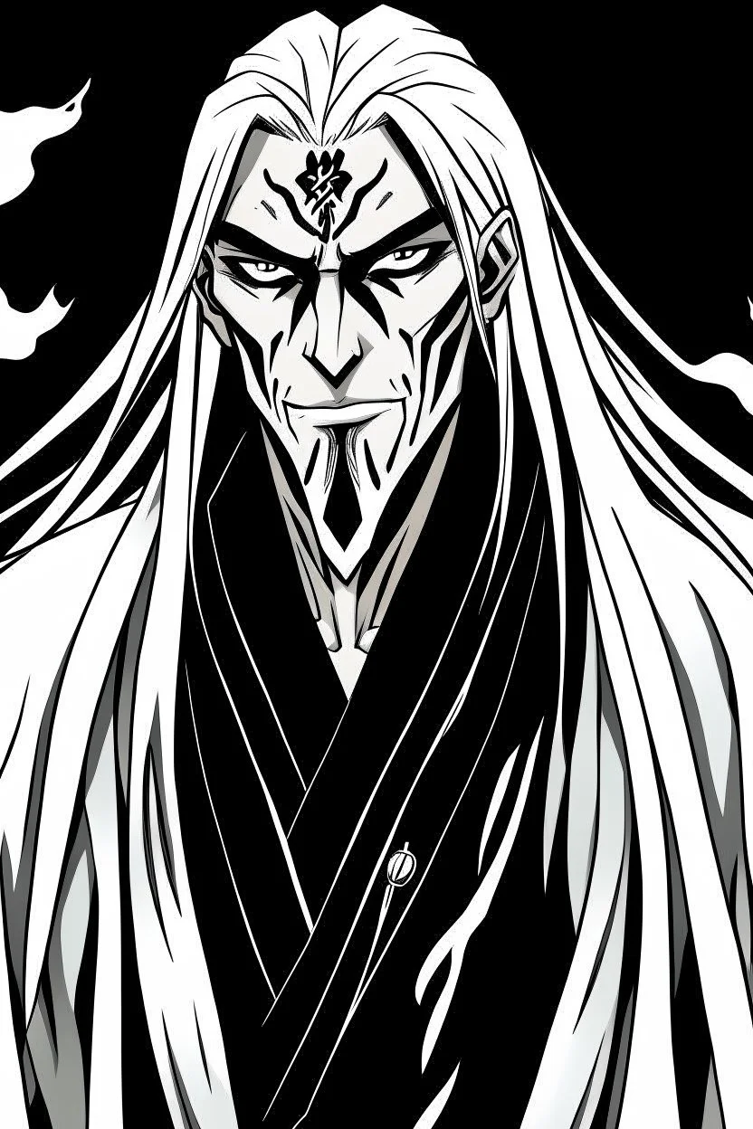 A manga-style portrait of a fierce male Shinigami from Bleach, tall and muscular, with wild silver-gray hair, steel-colored eyes, and a scar across his left brow and cheek. He wears a tattered captain's haori of the 11th Division, open kimono revealing a dragon claw tattoo on his chest, and metallic claws (Haganetsume) on his forearms. He smirks defiantly, standing in a dynamic pose with silver reiatsu swirling around him.