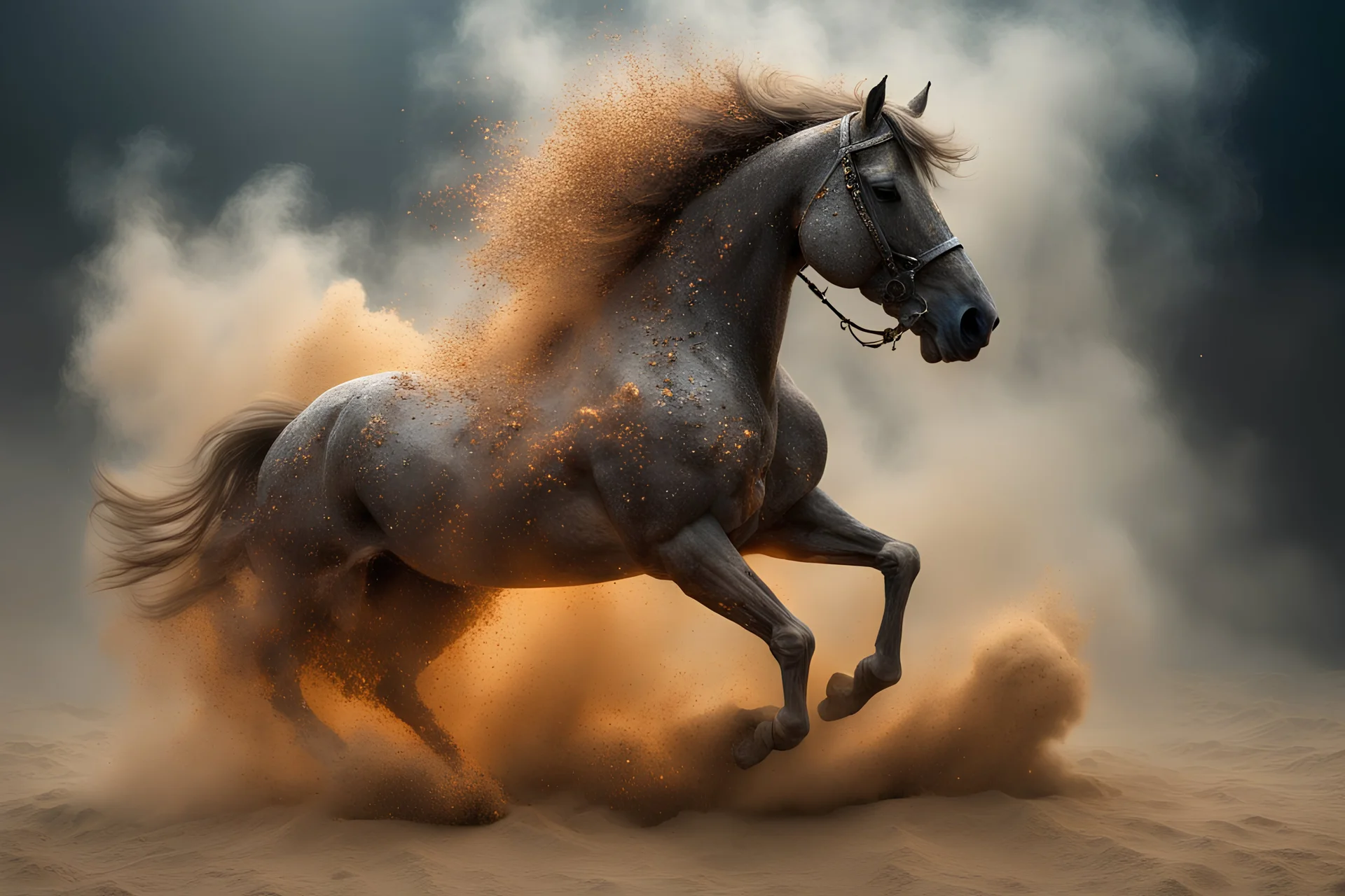 a sand horse explodes into a thousand pieces and melts into clouds of smoke-like being created out stone with glowing ornaments ((coming out from the ground), dust dances around the horse, wooden natural pieces and ornaments, by Agostino Arrivabene and jeremy mann, RAW, intricate, vibrant colors, award winning image, 16k, global illumination, depth of field