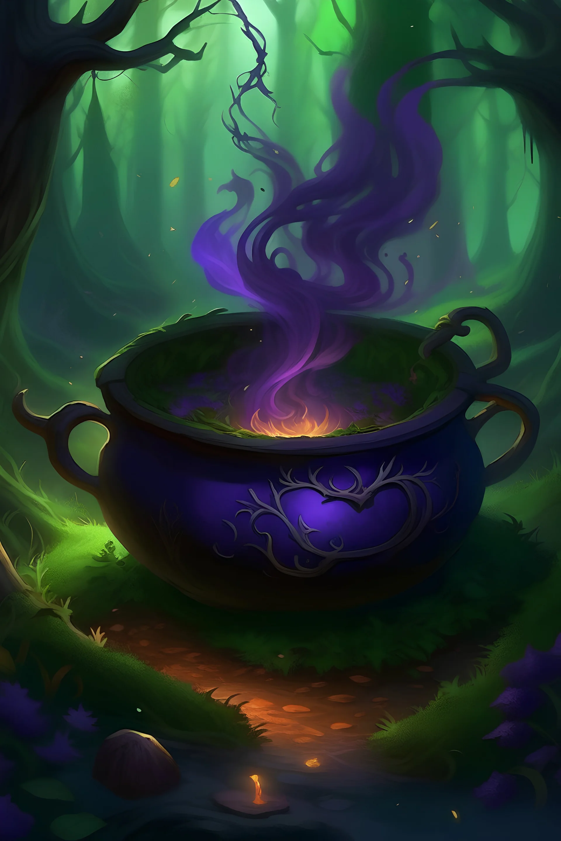 Prompt 3: [Witch's Cauldron] A bubbling cauldron sits atop a crackling fire, surrounded by a dense forest. The cauldron emits vibrant hues of green and purple, as if brewing a magical potion. Wisps of smoke rise into the air, carrying the scent of mystical herbs and spices. The surrounding trees are twisted and gnarled, creating a mystical and enchanting atmosphere. The scene is filled with witchcraft and enchantment, evoking a sense of wonder and curiosity.