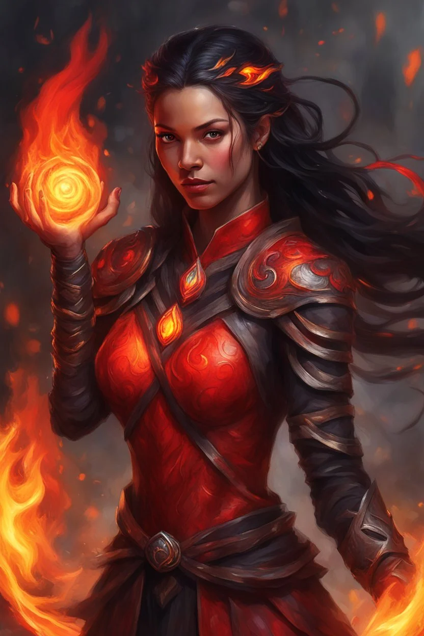 Capture the fierce essence of a female Paladin Druid, her eyes resembling fiery orbs, shining with a bright and intense red glow as she adeptly conjures flames with her hands. Bright black, half-braided hair appears to dance like flames when moved, radiating an ethereal fire. Clad in lightweight magical armor, she forgoes heavy protection, relying on her mastery of magic and fire. A prominent scar on her face tells tales of battles faced and conquered, all against the canvas of her tanned skin