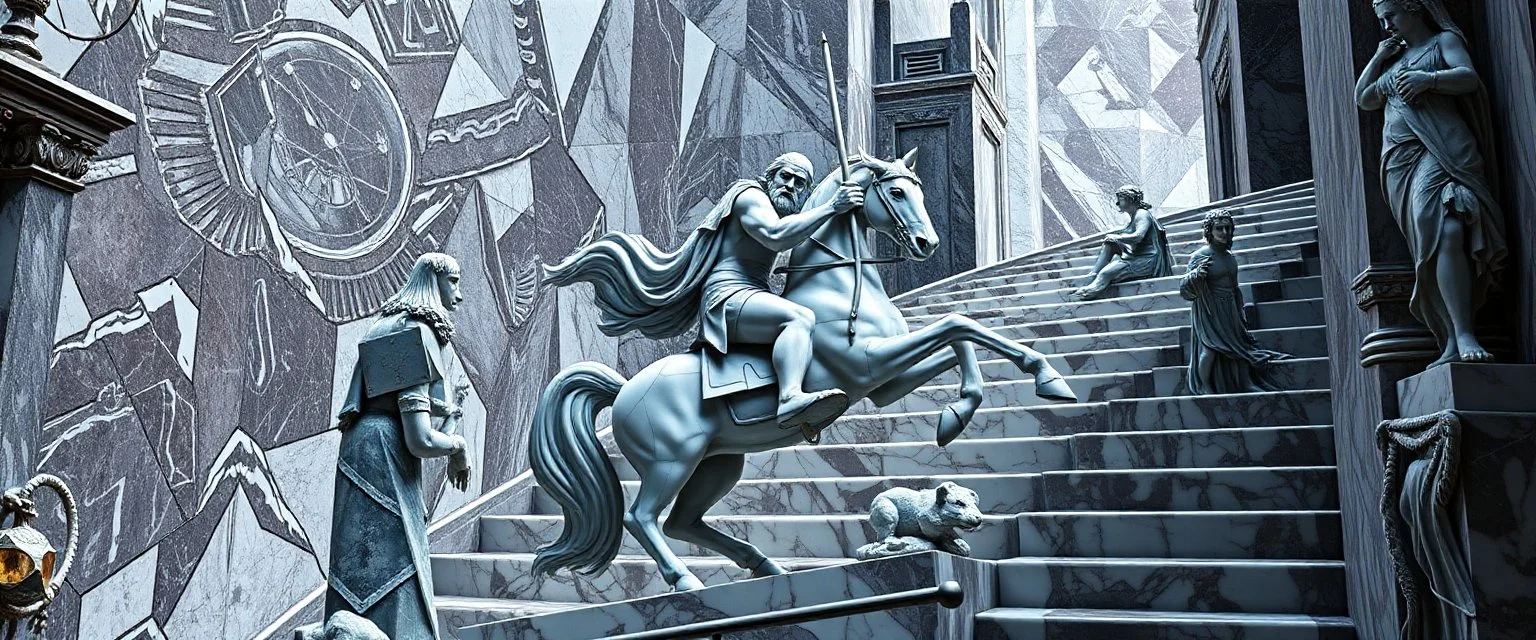 centaur with stenthal syndrome, the chariot, the fool and the tower tarot card disaster rendered in magnificient 4d glossy marble stones reflective and wet, like mirrors, winding stairs, watchers, statues of perfect octahedron dice