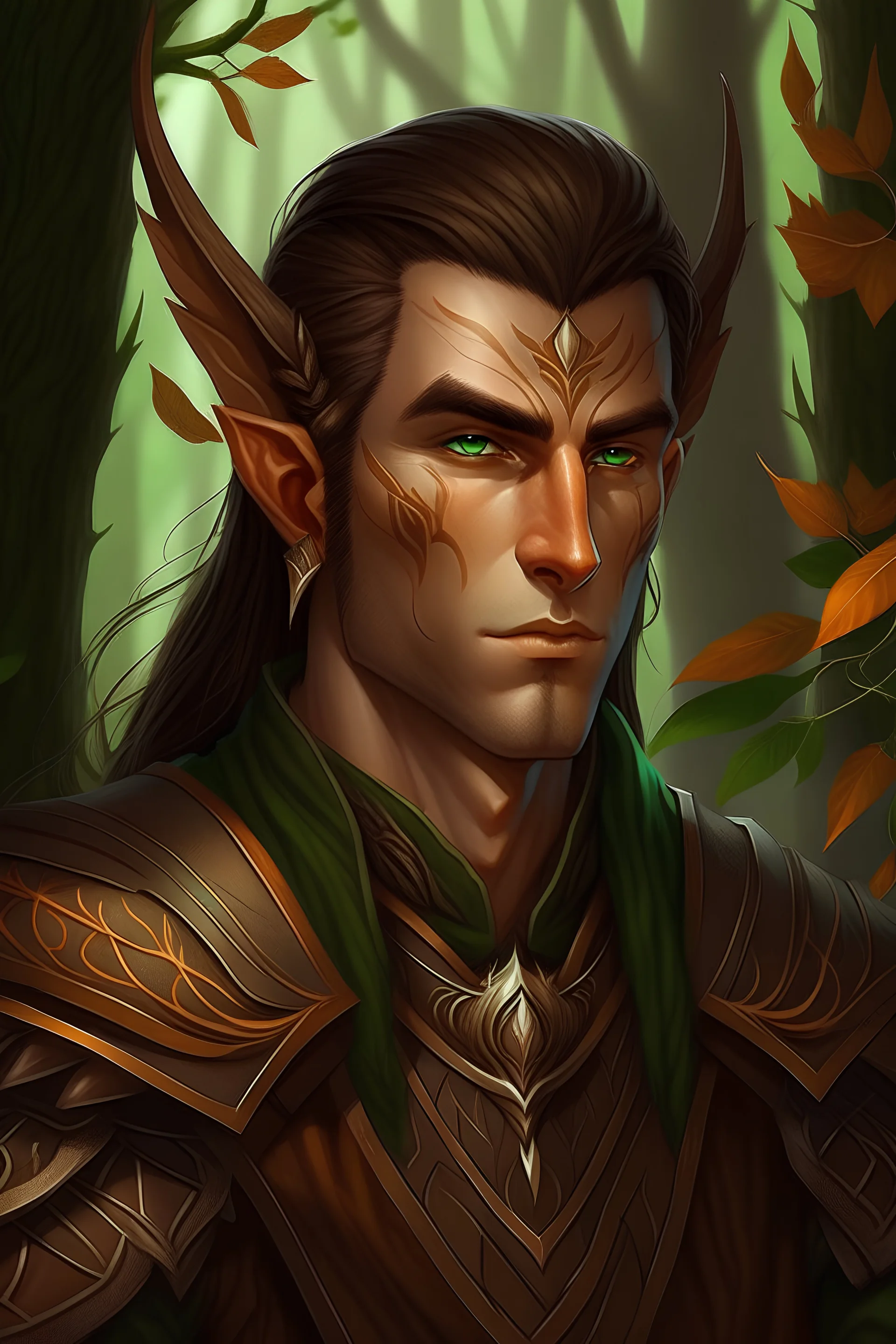 Portrait of young wood elf druid warrior male,lether armor in baldur's gate style