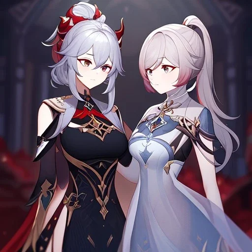 High quality, Detailed, 1girls, looking at eachother very angrily, wearing a genshin inspired outfit, the outfit has some holes, the outfit also has a very see through fabric, grey hair with on ponytail, red hair