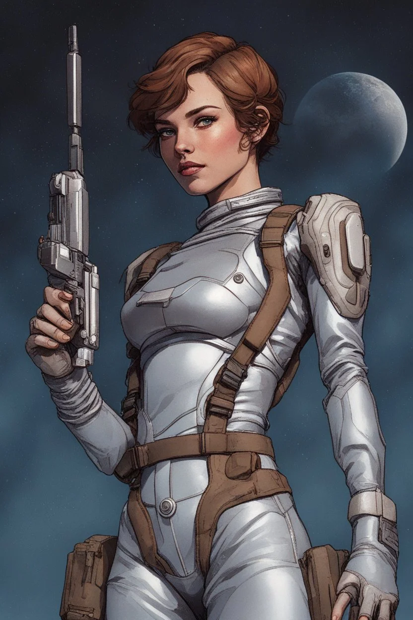 A young space warrior woman with freckles and short brown hair, wearing a silver jumpsuit and holding a pair of energy pistols