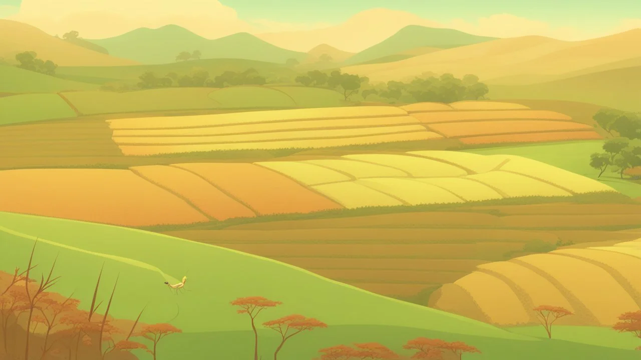 Rice field，Trees，Warm color palette，Animation，A lovely grasshopper，Top of the hill