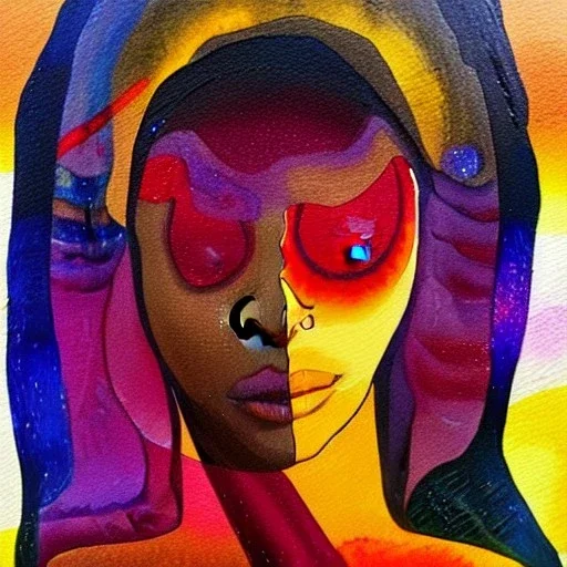 Oil and watercolour painting. Chakras. Sacred geometry. a brain exploding. kintsugi. Chaos. Portrait of a young black woman crying.a mind fracturing.confusion. Tears the colour of oil. Depression seeping out of her eyes nose and mouth like a oil spill