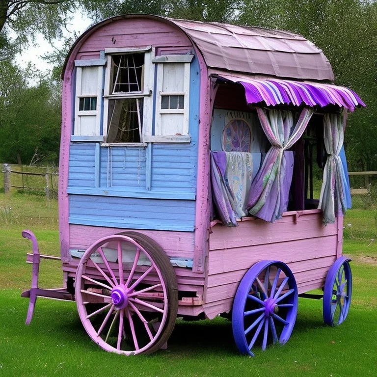 Old fashioned purple, blue and pink gypsy wagon decorated, curtains fluttering in the wind