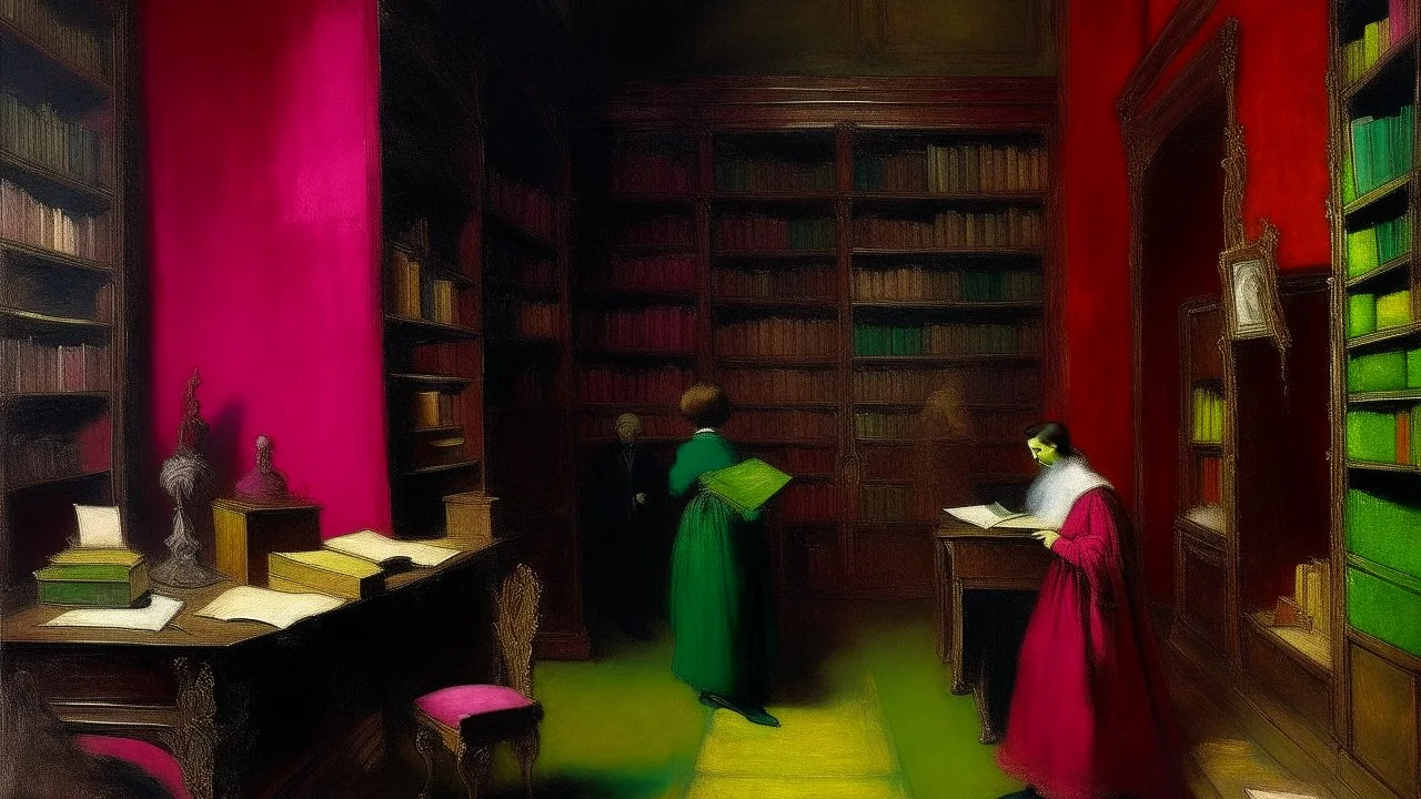 A magenta arcane library painted by Edgar Degas