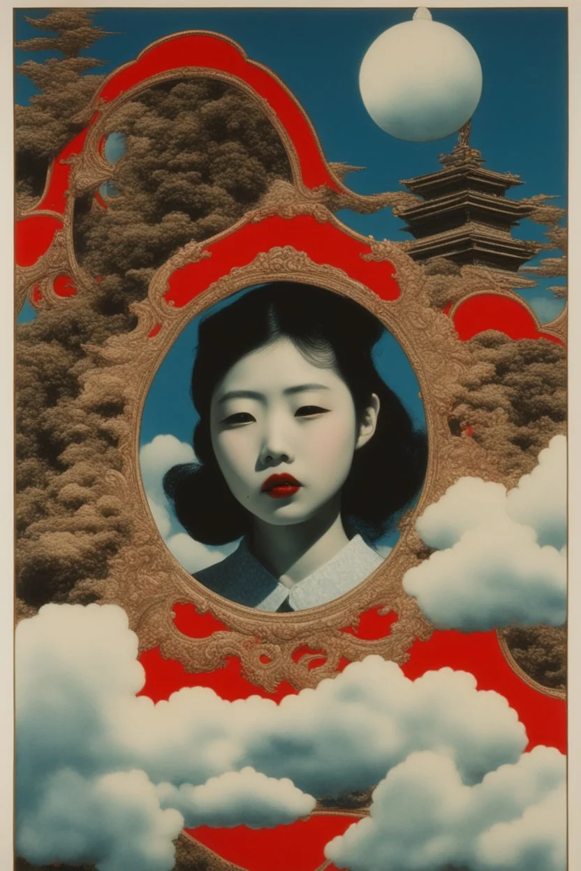 cloud in blue sky, a red lip, collage art, shuji terayama, dreamy objects, surreal, criterion collection, showa era, intricate details, mirror