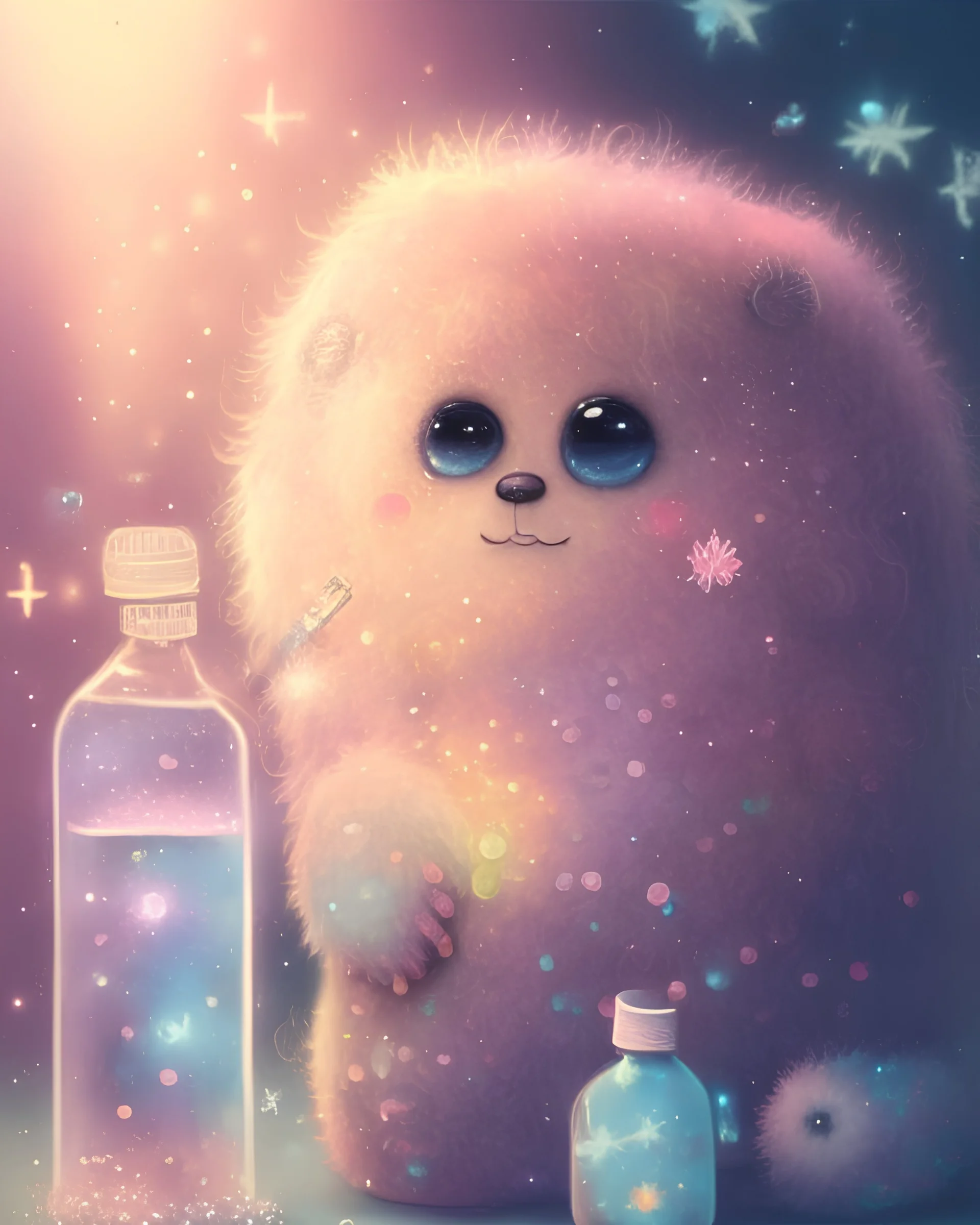 sweet cute fuzzy soft and fluffy hairy monster with big sparkly eyes in the room with thermometer. He is sick and has temperature. Baby pastel colours. Flowers and bubbles in background. Sparkles, sun and fireflies around. Bottles of medicines. Pills.