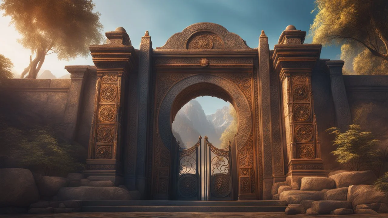 an ancient gate showing another world. cinematic lighting, hyper realisme, Hyperrealistic, splash art, concept art, mid shot, intricately detailed, color depth, dramatic, 2/3 face angle, side light, colorful background