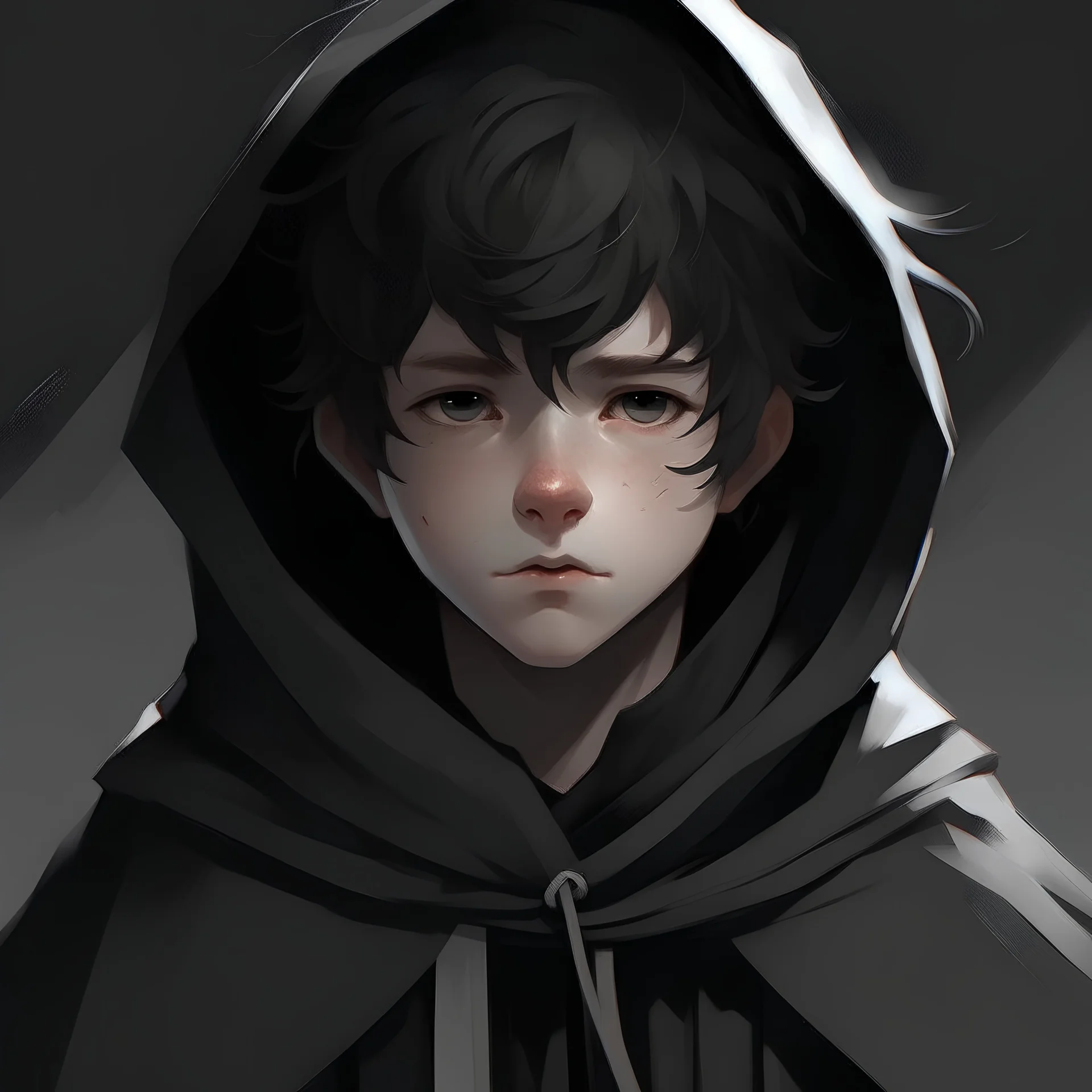 Realistic animated boy with white skin, short and messy hair that is black with white streaks through it, wearing black cloak dnd