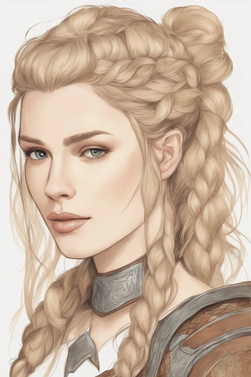 A drawing of beautiful woman with blond hair, viking braids, undercut. Brown leather armor.