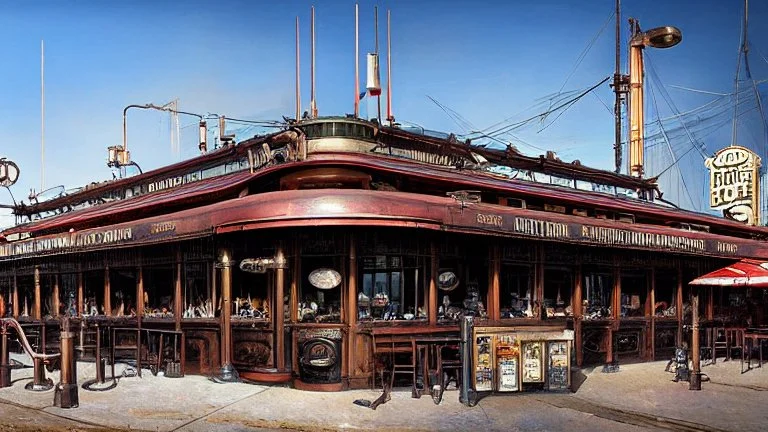 1950 diner on pier, corner steampunk store, Gothic Metropolis harbour, Gotham city , pipe,wire, tube, book illustration by Jean Baptiste Monge,Jeremy Mann, Details building cross section , strong lines, high contrast vibrant colors, highly detailed, exterior illustration