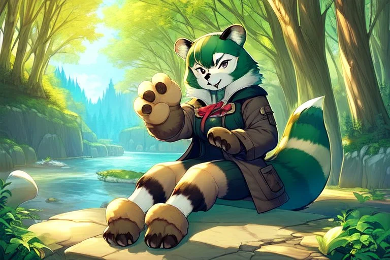 Girl, green hair, raccoon tail, raccoon paws in hand, raccoon paws in foot, forest, river, sit on tree, coat on neck, with tongue out, big tail, furry