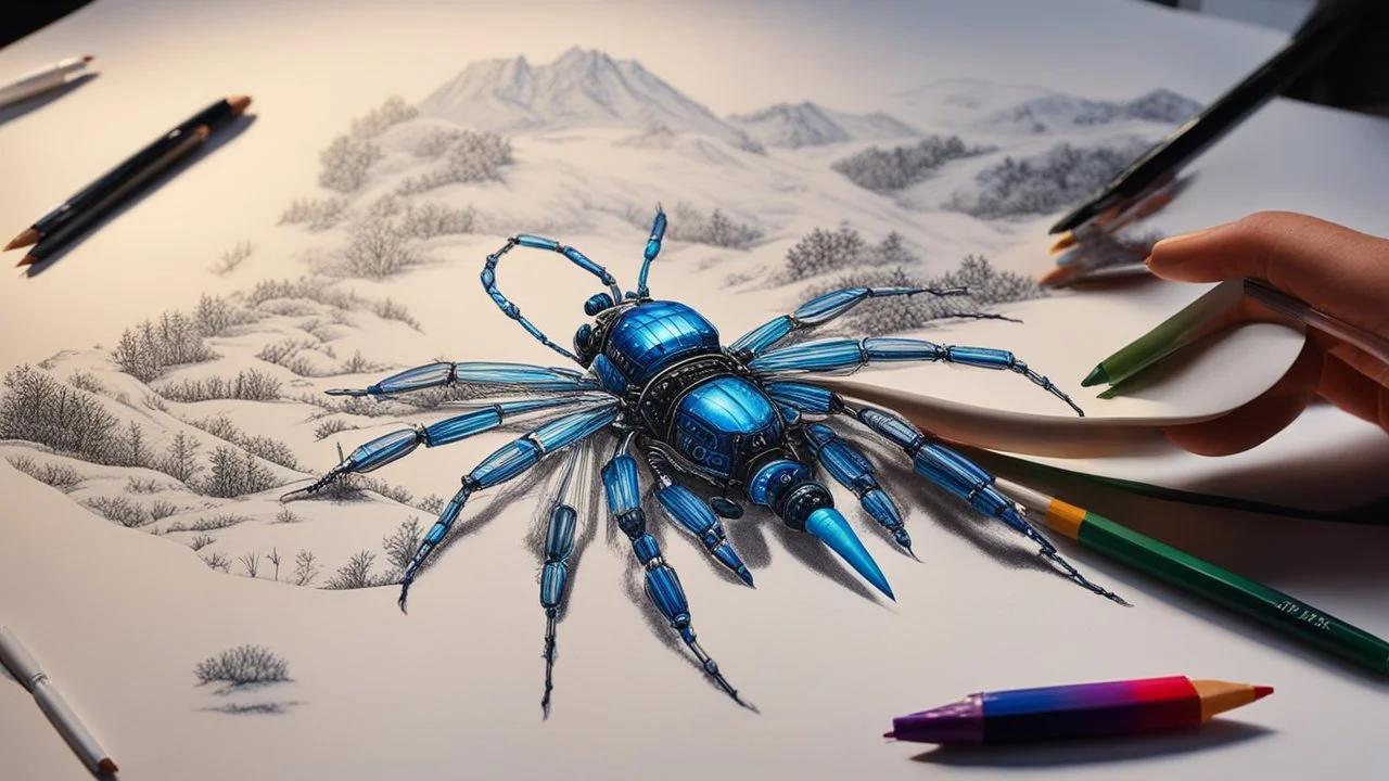 2159. Robot insect drawing a picture, holding six gel-pens in its six hands, drawing a beautiful landscape using four pens, one pen in each hand. The picture is almost finished. Artistic, beautiful lighting, attractive composition, photorealistic, extremely detailed, chiaroscuro, rule of thirds