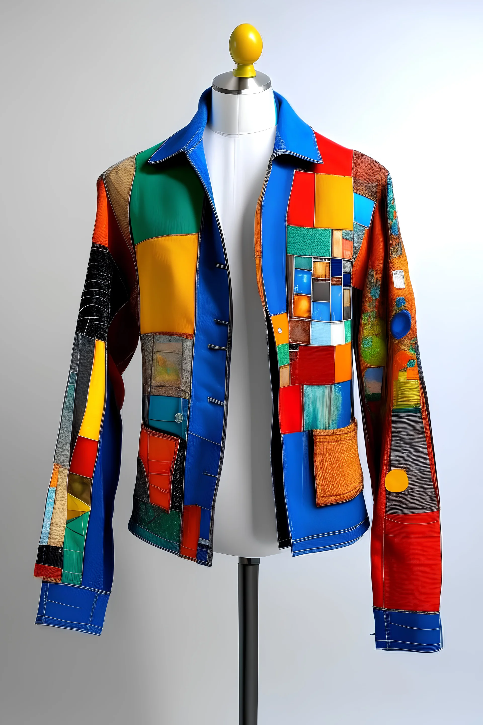 modern looking upcycled jacket on a white mannequin, bright colors