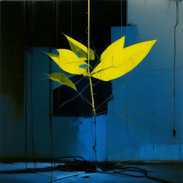 Minimal abstract oil painting of a large blue leaf plant in concrete warehouse brutalist architecture and hanging wires illuminated at night. With triadic yellow colours. In the style of Justin Mortimer and Phil Hale, Ashley Wood