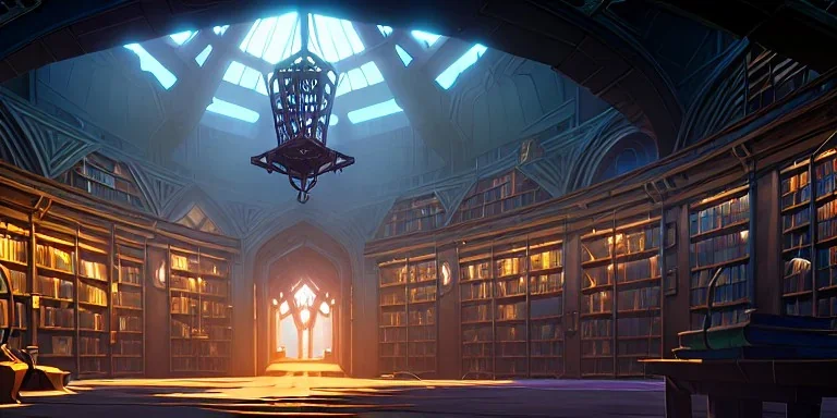 Neverending Massive magical ancient library, fantasy, with multiple bird cages hanging from ceiling, dusty